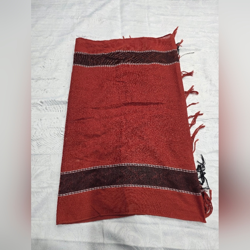 Vintage Rust Diamond Weave Boho Shawl - Oversized Fringe Wrap - AS IS